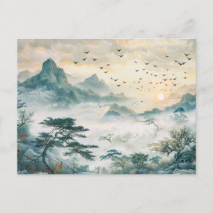 Chinese Watercolor Birds in Evening Sky Postcard