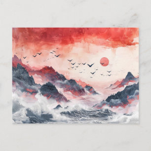 Chinese Watercolor Birds Soaring over Mountains Postcard