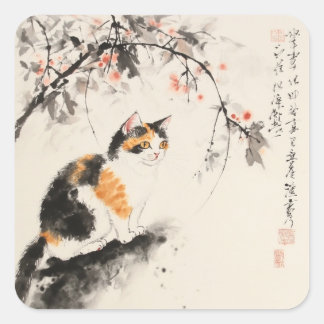 Chinese watercolor - Calico cat Square Sticker