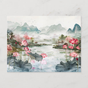 Chinese Watercolor Lotus and Serene Mountains Postcard