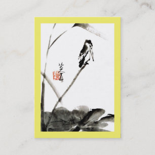 Chinese watercolor painting, bird and lotus leaves business card