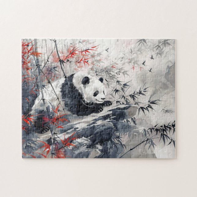 Chinese Watercolor Panda and Bamboo Jigsaw Puzzle (Horizontal)