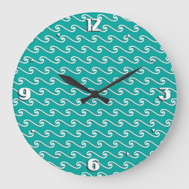 Chinese wave pattern - white on peacock blue large clock (Front)
