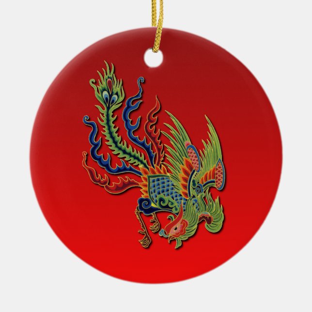 Chinese Wealthy Peacock Tattoo Design on Red Ceramic Tree Decoration (Front)