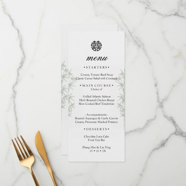 Chinese Wedding Bamboo Double Happiness Menu Card (Front/Back In Situ)