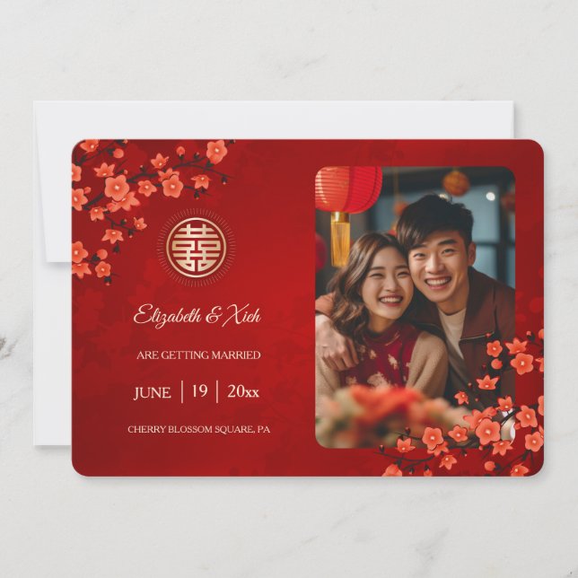 Chinese Wedding Double Happiness Cherry Blossom  Save The Date (Front)