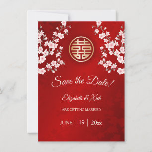 Chinese Wedding Double Happiness Cherry Blossom  Save The Date