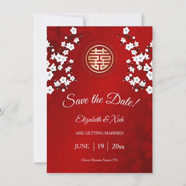 Chinese Wedding Double Happiness Cherry Blossom  Save The Date (Front)