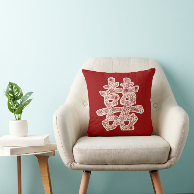 Chinese Wedding Double Happiness Floral Paper Cut Cushion (Chair)