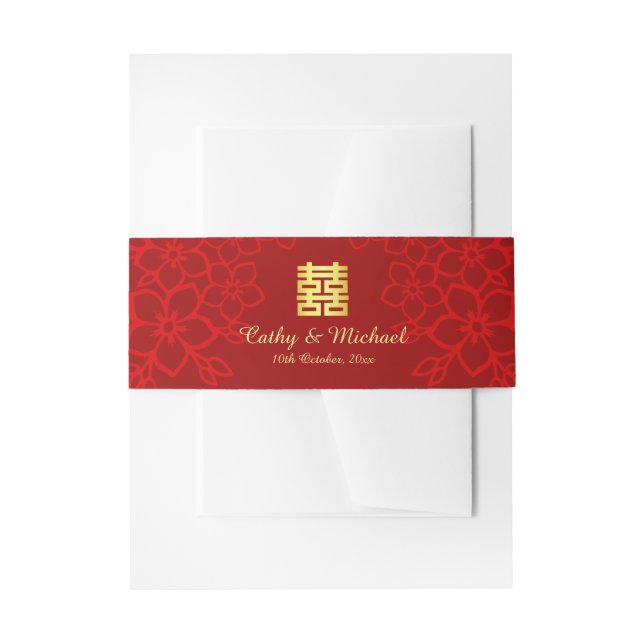 Chinese wedding double happiness floral pattern invitation belly band (Front Example)