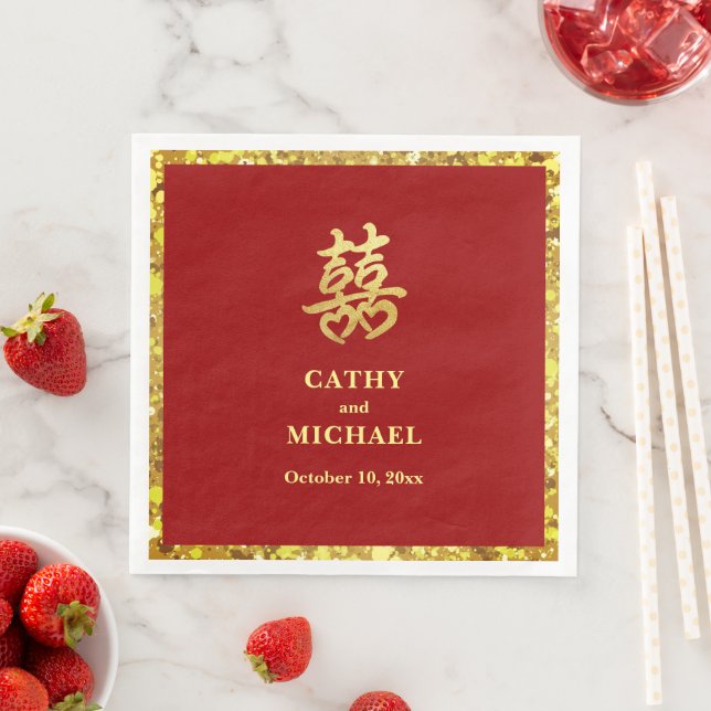 Chinese wedding double happiness heart formal red napkin (Insitu)