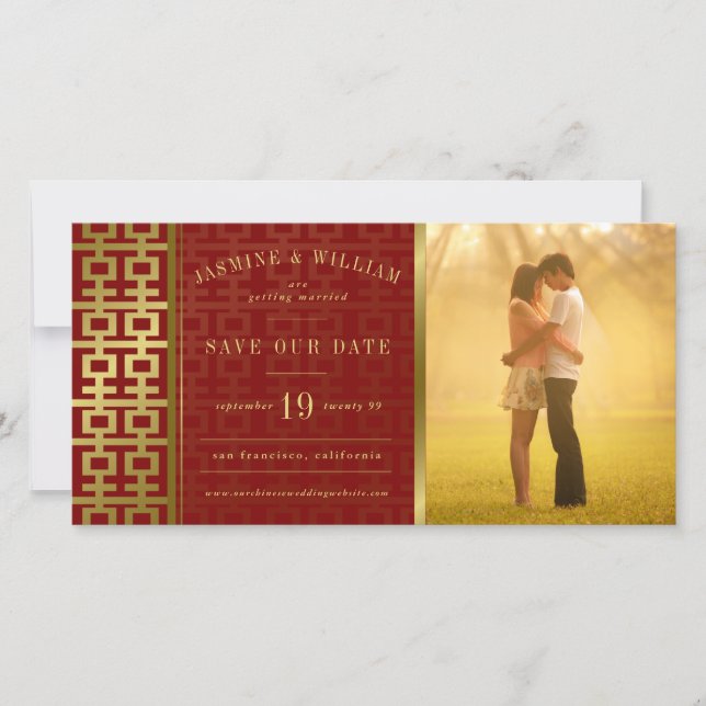 Chinese Wedding Double Happiness Red Save The Date (Front)