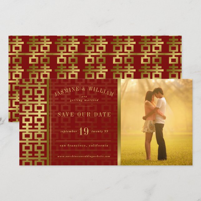 Chinese Wedding Double Happiness Red Save The Date (Front/Back)