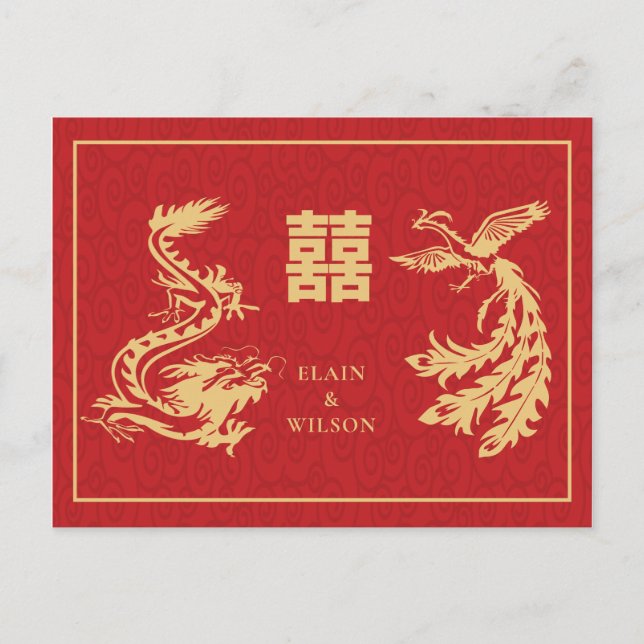 Chinese Wedding Dragon-Phoenix Double Xi Red Gold Announcement Postcard (Front)