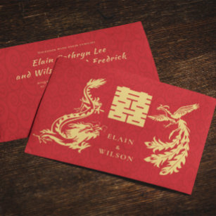 Chinese Wedding Dragon-Phoenix Double Xi Red Gold Invitation