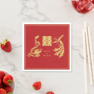 Chinese Wedding Dragon-Phoenix Double Xi Red Gold Napkin
