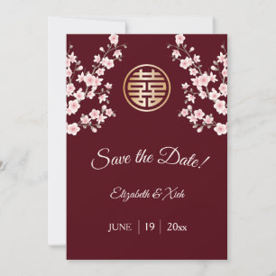 Chinese Wedding Dusty Pink Maroon Cherry Blossom  Save The Date