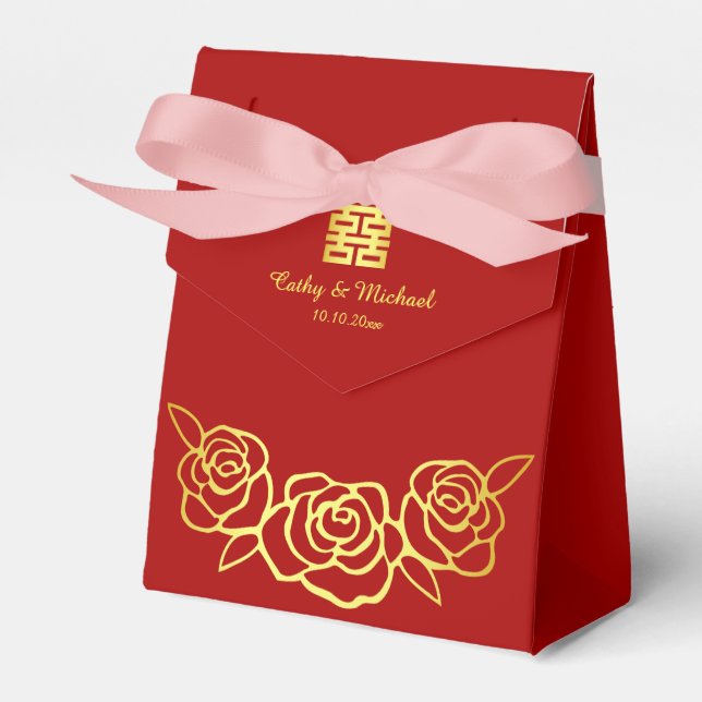Chinese wedding floral rose papercut red and gold favour box (Front Side)
