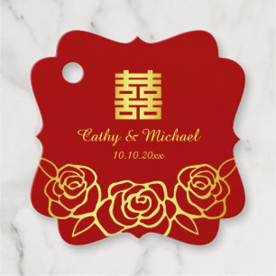 Chinese wedding floral rose papercut red and gold favour tags