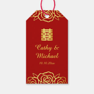 Chinese wedding floral rose papercut red and gold gift tags