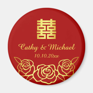 Chinese wedding floral rose papercut red and gold magnet