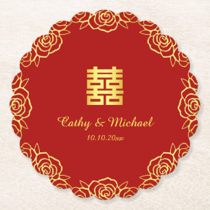 Chinese wedding floral rose papercut red and gold paper coaster
