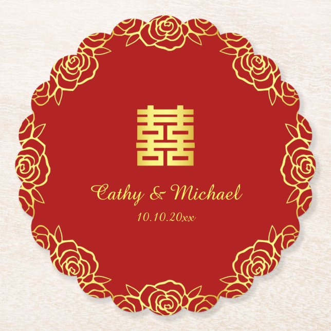 Chinese wedding floral rose papercut red and gold paper coaster (Front)