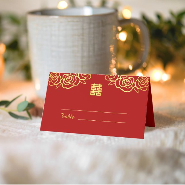 Chinese wedding floral rose papercut red and gold place card (Creator Uploaded)