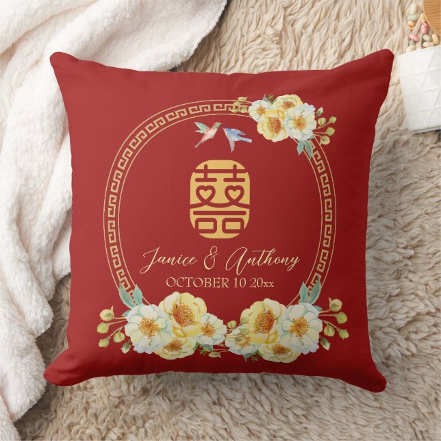 Chinese wedding frame red floral bird cushion (Blanket)