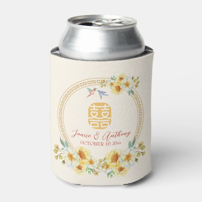 Chinese wedding frame yellow floral bird elegant can cooler (Can Front)