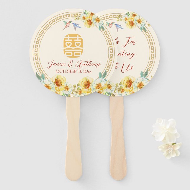 Chinese wedding frame yellow floral bird elegant hand fan (Front and Back)
