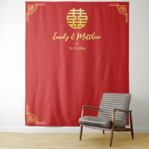 Chinese wedding golden frame double xi backdrop tapestry