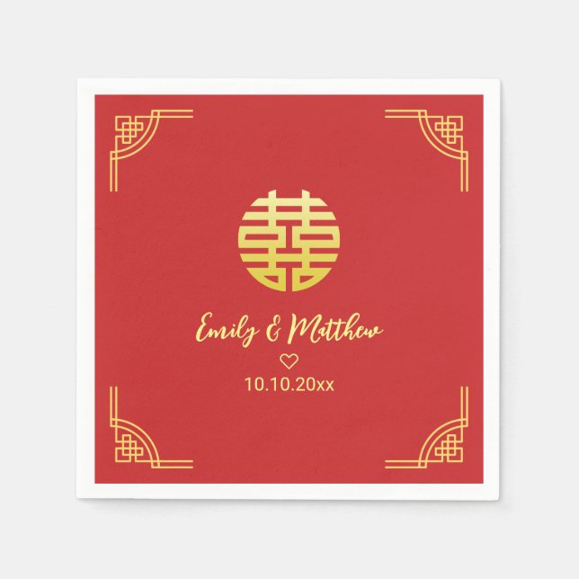 Chinese wedding golden frame double xi napkin (Front)