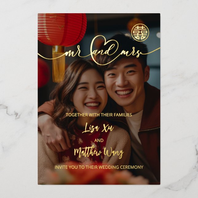Chinese Wedding Photo Gold Foil Invitation (Front)