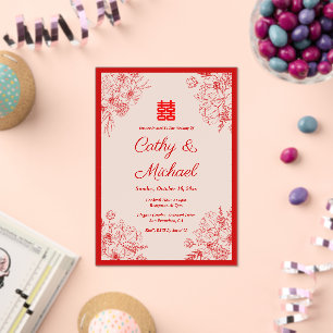 Chinese wedding red beige floral frame oriental acrylic invitations