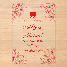 Chinese wedding red beige floral frame oriental