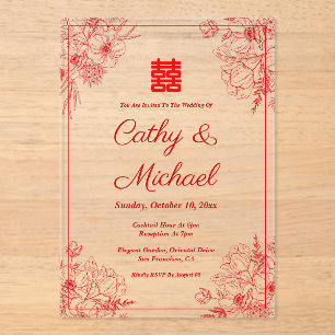 Chinese wedding red beige floral frame oriental acrylic invitations