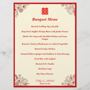 Chinese wedding red beige floral frame oriental menu