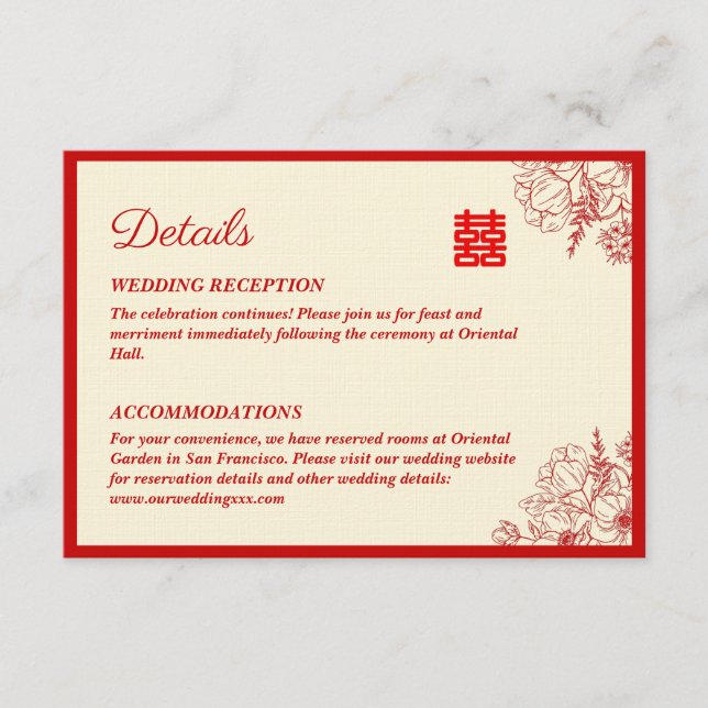 Chinese wedding red beige floral oriental enclosure card (Front)