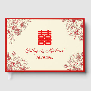 Chinese wedding red beige floral oriental guest book