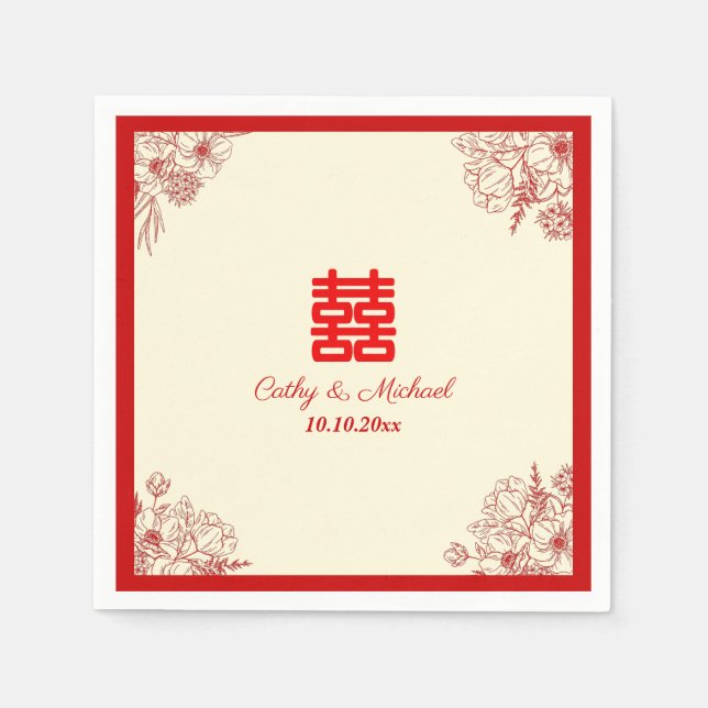 Chinese wedding red beige floral oriental napkin (Front)