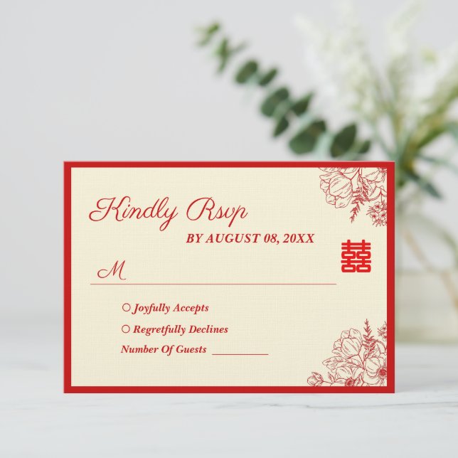 Chinese wedding red beige floral oriental RSVP card (Standing Front)