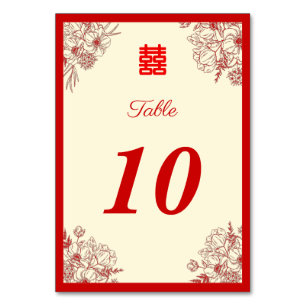 Chinese wedding red beige floral oriental table number