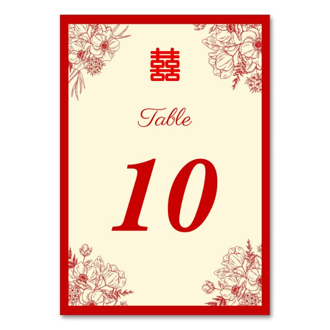 Chinese wedding red beige floral oriental table number (Front)