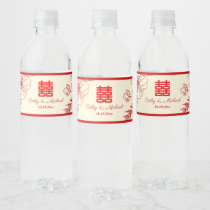 Chinese wedding red beige floral oriental water bottle label