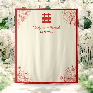 Chinese wedding red beige floral photo backdrop tapestry