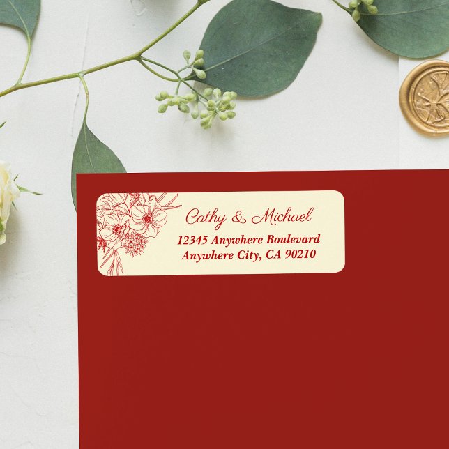 Chinese wedding red beige floral return address (Creator Uploaded)