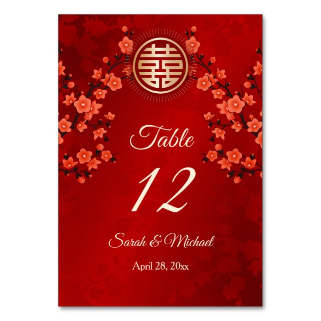 Chinese Wedding Red Cherry Blossom Table Number (Front)