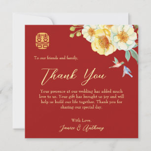 Chinese wedding red floral bird elegant thank you card