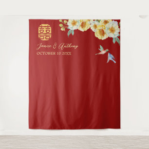 Chinese wedding red floral bird photo backdrop tapestry